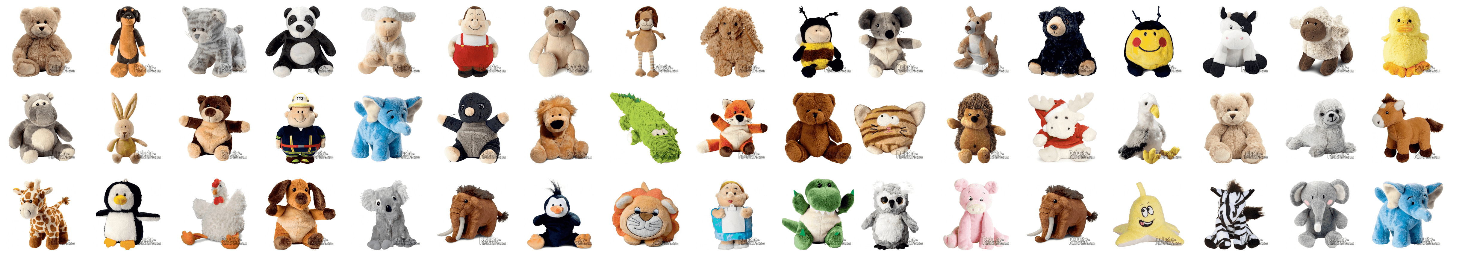 Selection of customized plush toys and logo plush toys.